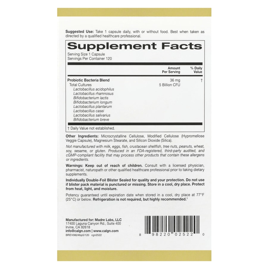California Gold Nutrition LactoBif® 5 Probiotics, 5 Billion CFU, 120 Veggie Capsules, view 2
