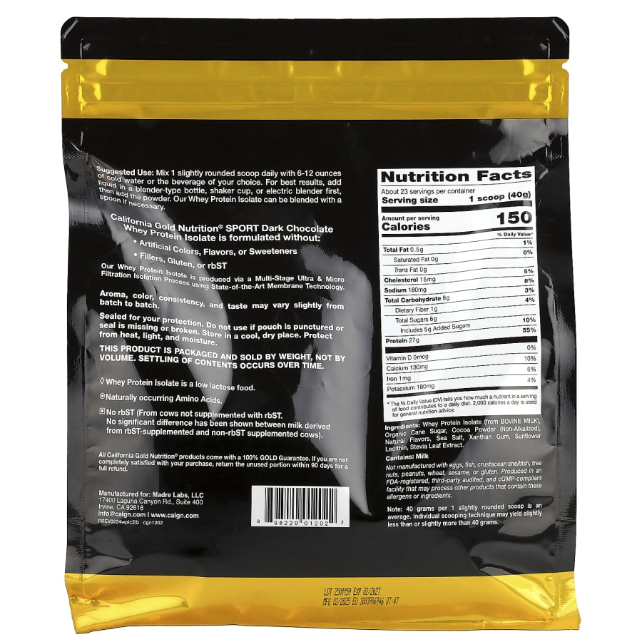 California Gold Nutrition Sport, Whey Protein Isolate, Dark Chocolate , 2 lb (907 g), view 2