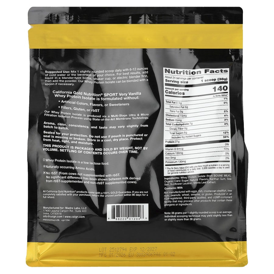California Gold Nutrition Sport, Whey Protein Isolate with Organic Cane Sugar, with Sunflower Lecithin, Very Vanilla, 2 lb (907 g), view 2