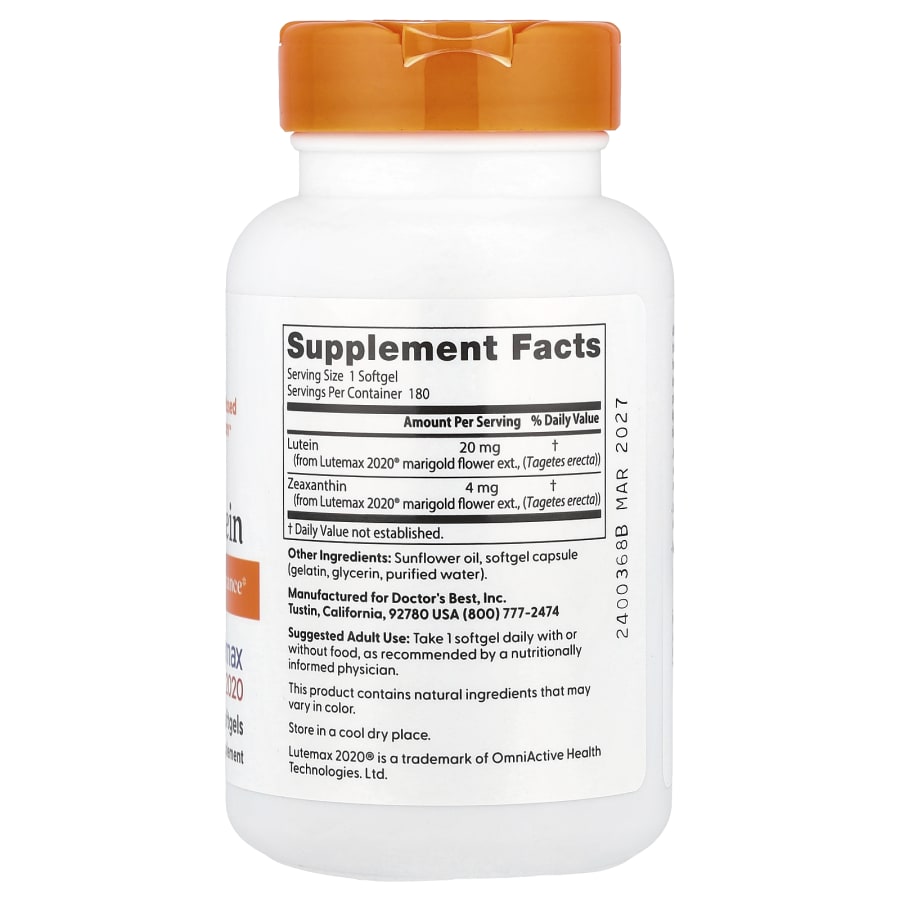 Doctor's Best Lutein, Lutemax 2020, 20 mg, 180 Softgels, view 2