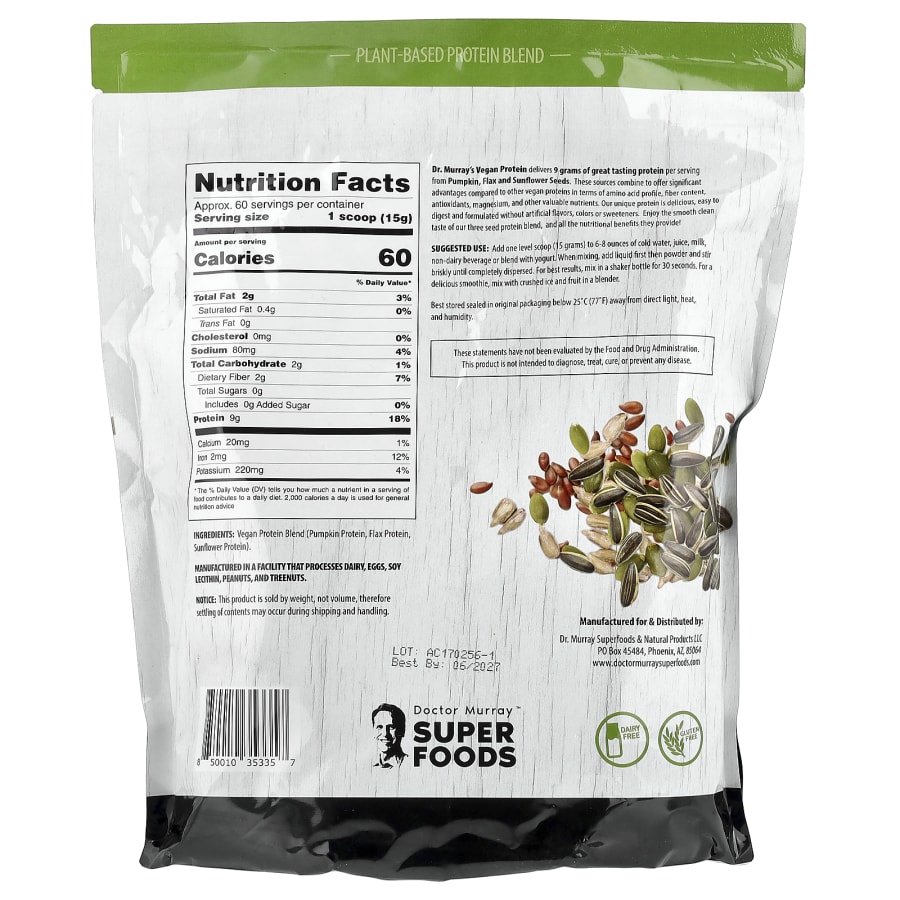Dr. Murray's Super Foods, 3 Seed Protein Powder, Pumpkin + Flax + Sunflower, Unflavored, 2 lb (908 g), view 2