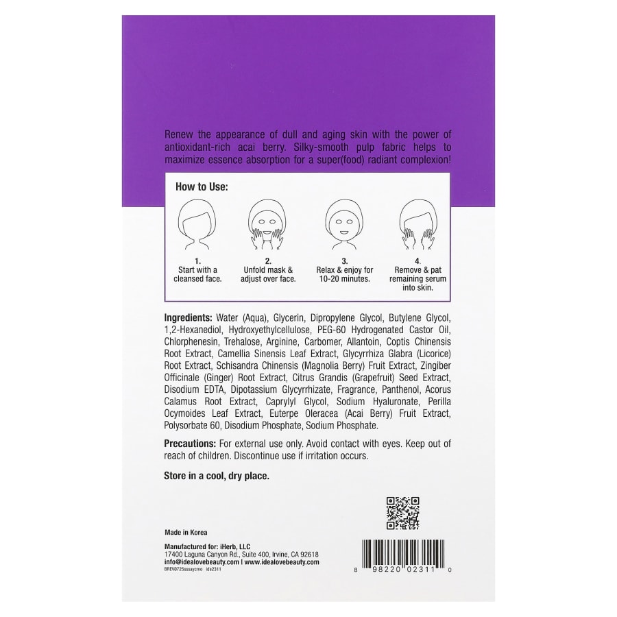 Idealove Superfood Skin Savior, Acai You Checking Me Out, 5 Beauty Sheet Masks, 0.68 fl oz (20 ml) Each, view 3