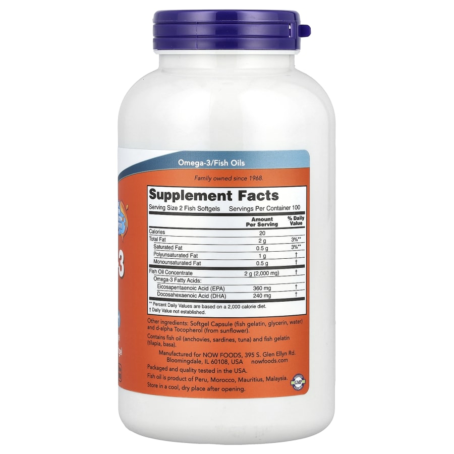 NOW Foods Omega-3 Fish Oil, 1,000 mg, 200 Fish Softgels, view 2