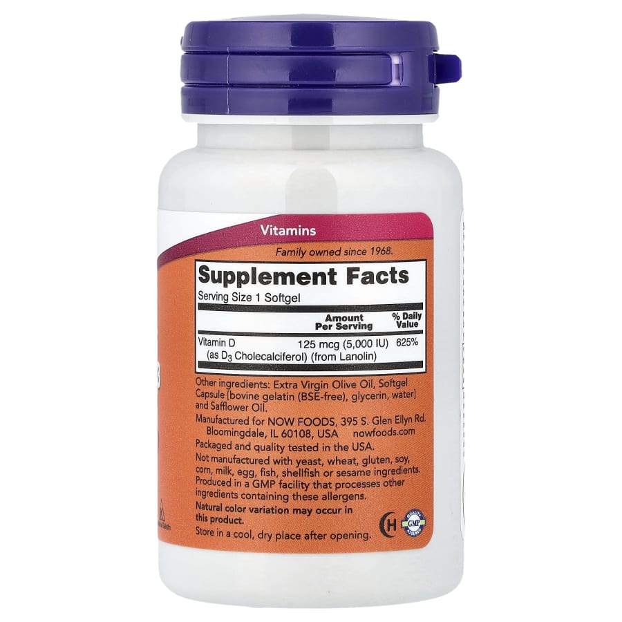 NOW Foods Vitamin D-3, High Potency, 125 mcg (5,000 IU), 120 Softgels, view 2