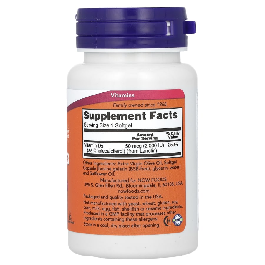 NOW Foods Vitamin D-3, High Potency, 2,000 IU, 240 Softgels, view 2