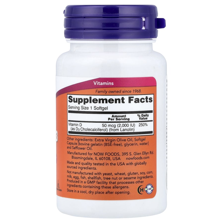 NOW Foods Vitamin D3, 2,000 IU, 120 Softgels, view 2