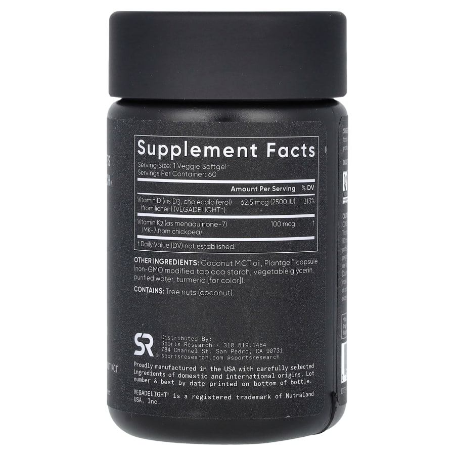 Sports Research D3 + K2, Plant-Based, 62.5 mcg/100 mcg, 60 Veggie Softgels, view 2