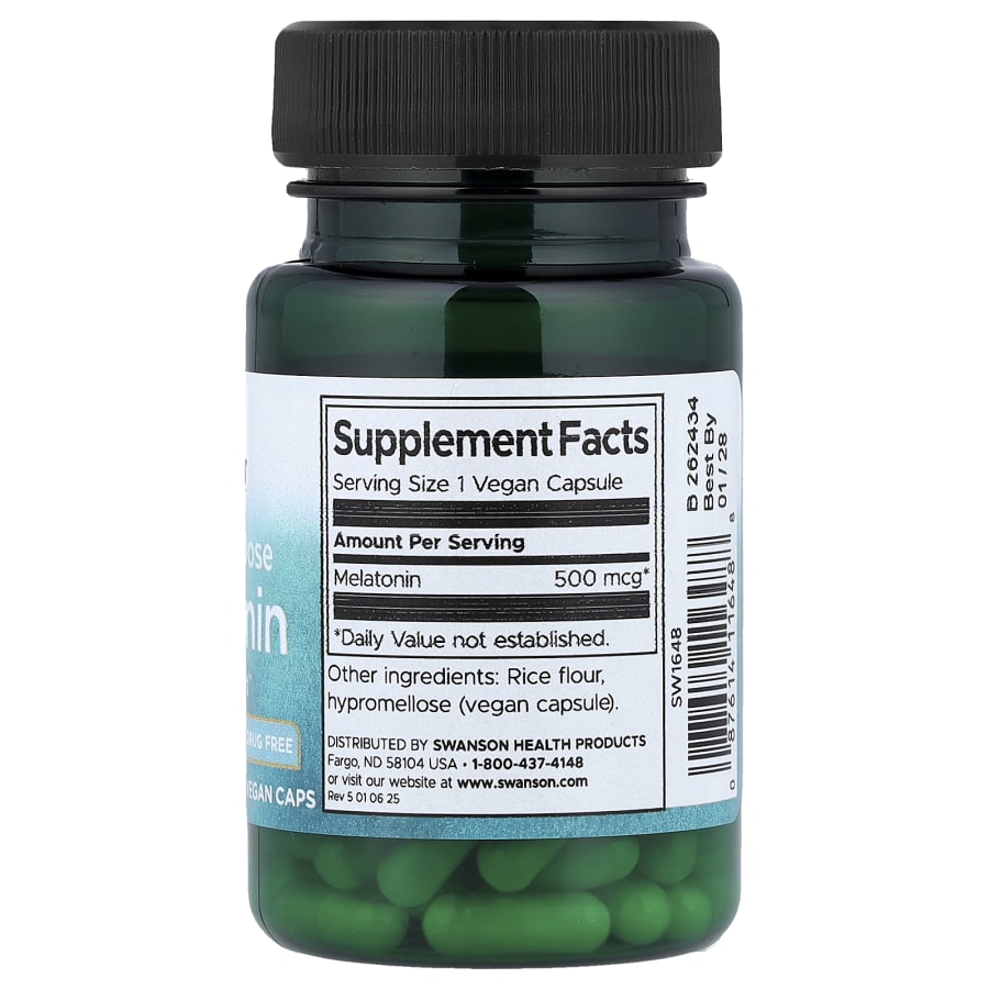 Swanson Vitamins Melatonin, Extra Low Dose, 500 mcg, 60 Vegan Caps, view 2