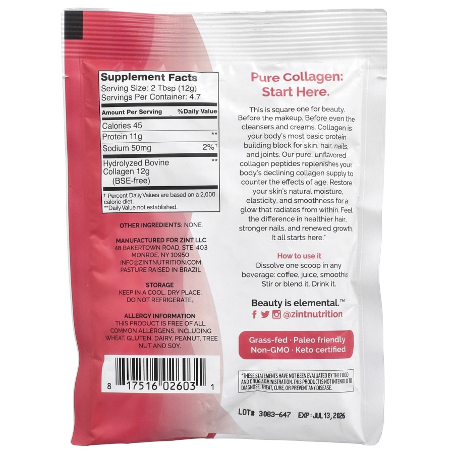 Zint Pure Grass-Fed Collagen Peptides, Unflavored, 2 oz (56.6 g), view 2